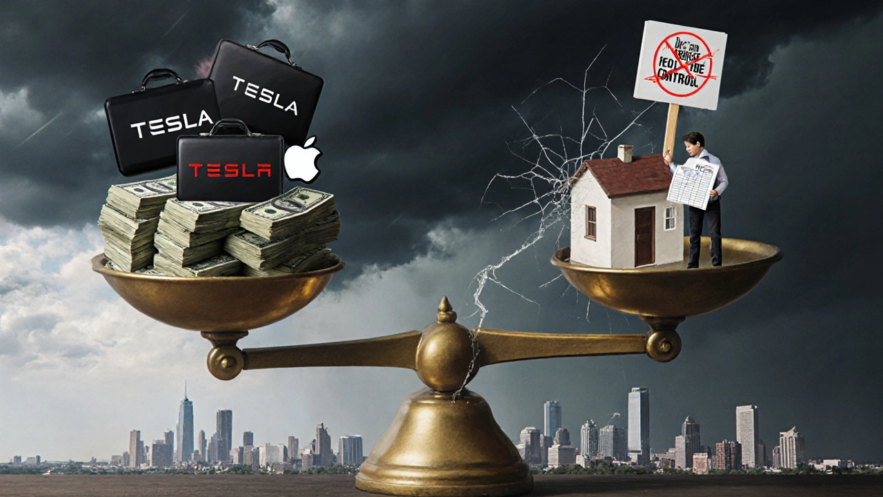 A housing scale tipping under investor wealth vs. a lone resident struggling with rent.