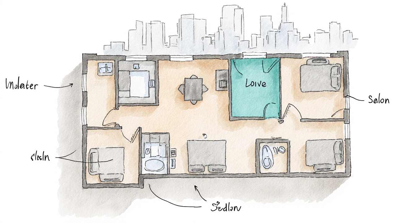 Architectural illustration of a 3SLDK floor plan highlighting the salon and other rooms.