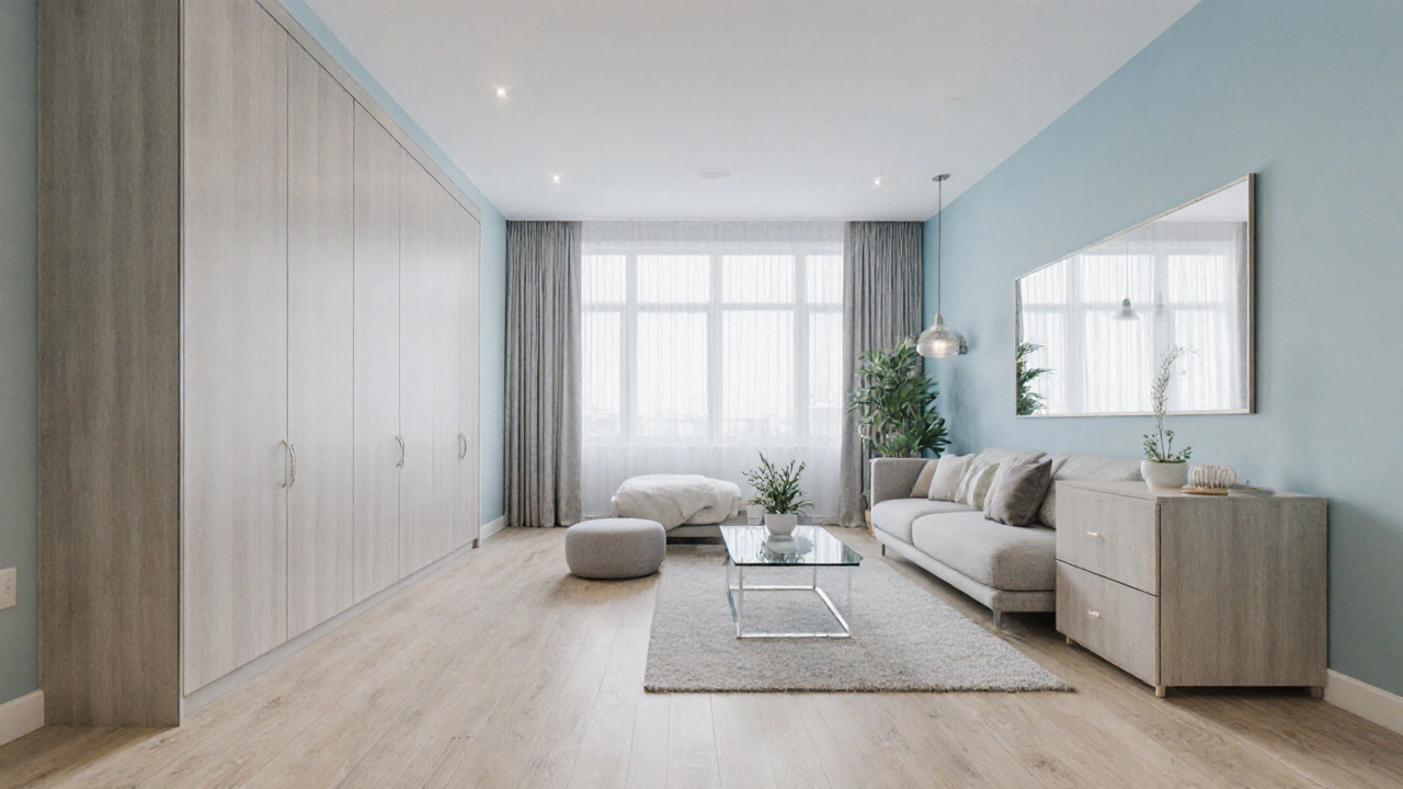 Bright studio apartment with light flooring, pastel walls, mirror, multifunctional sofa, and built‑in cabinets.