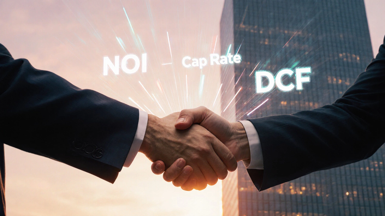 Broker and client shaking hands in front of a skyscraper with glowing financial formulas.