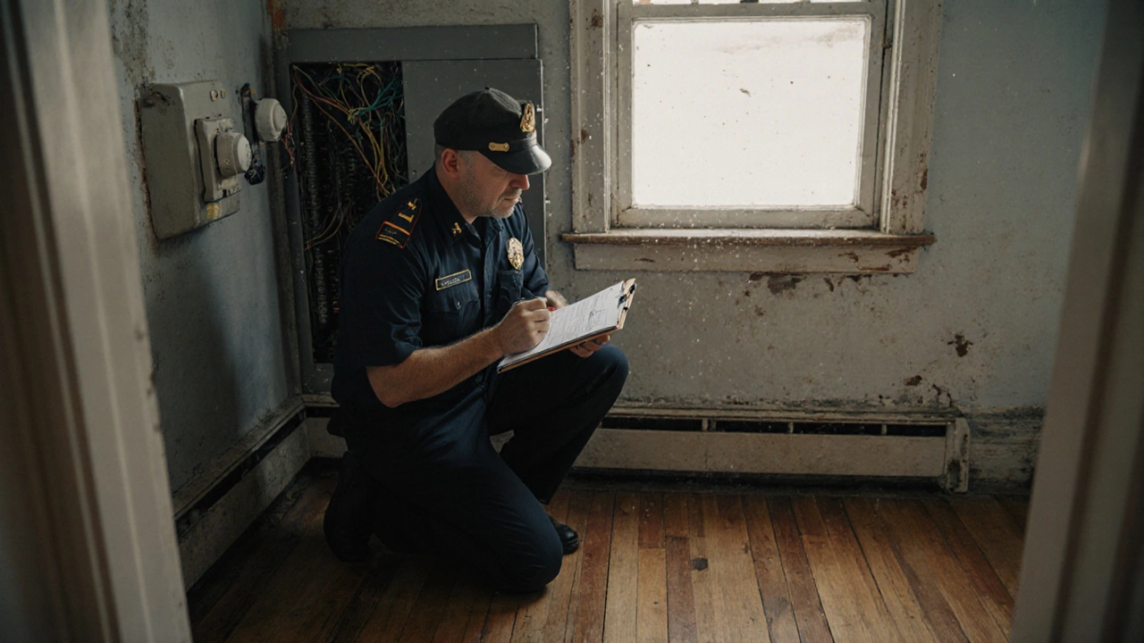City inspector checking smoke detectors and wiring in an older Maryland rental home.