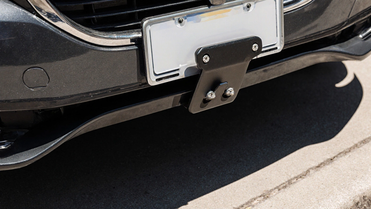 Close view of a car front bumper with a legally mounted license plate and bracket in sunlight.