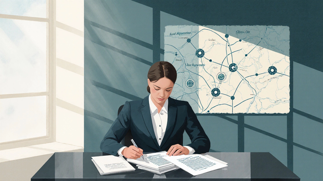 Conveyancer reviewing property documents in a modern office with a land registry map background.