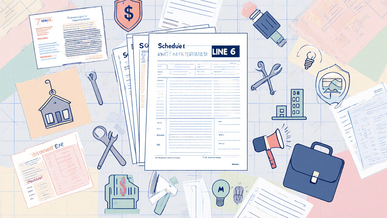 Flat illustration of Schedule E, Form 760, and icons for rental deductions.
