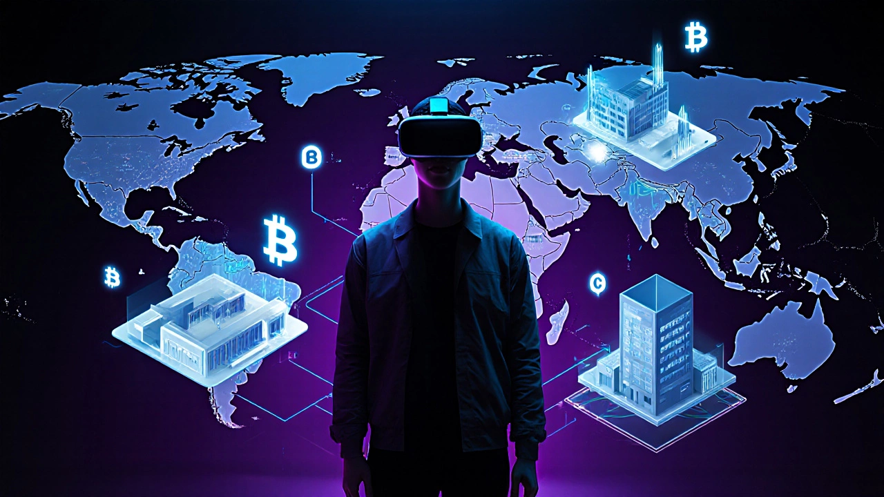 Futuristic VR user viewing holographic 3D property models with AI and blockchain icons.