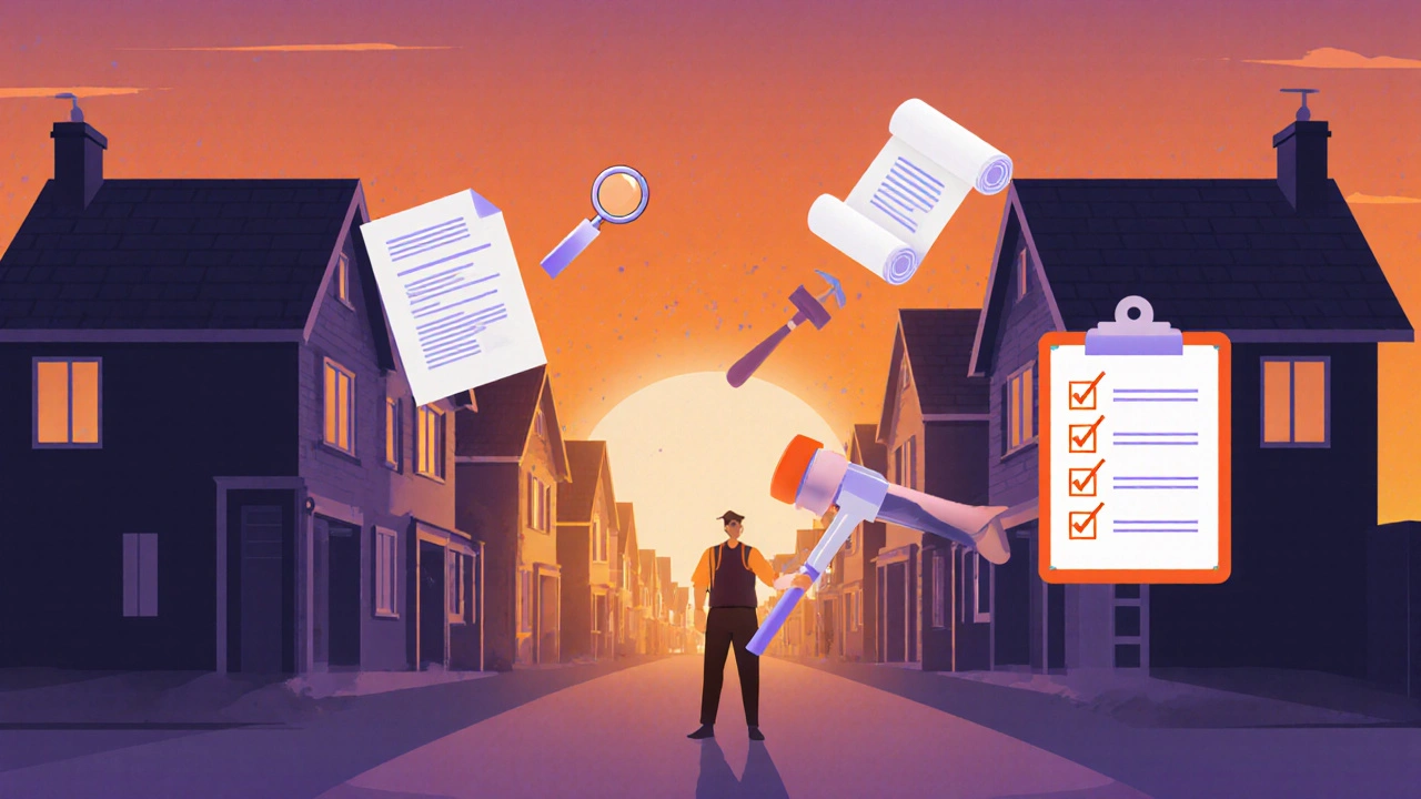 Homeowner reviewing documents and checklist icons beside a townhouse at sunset.