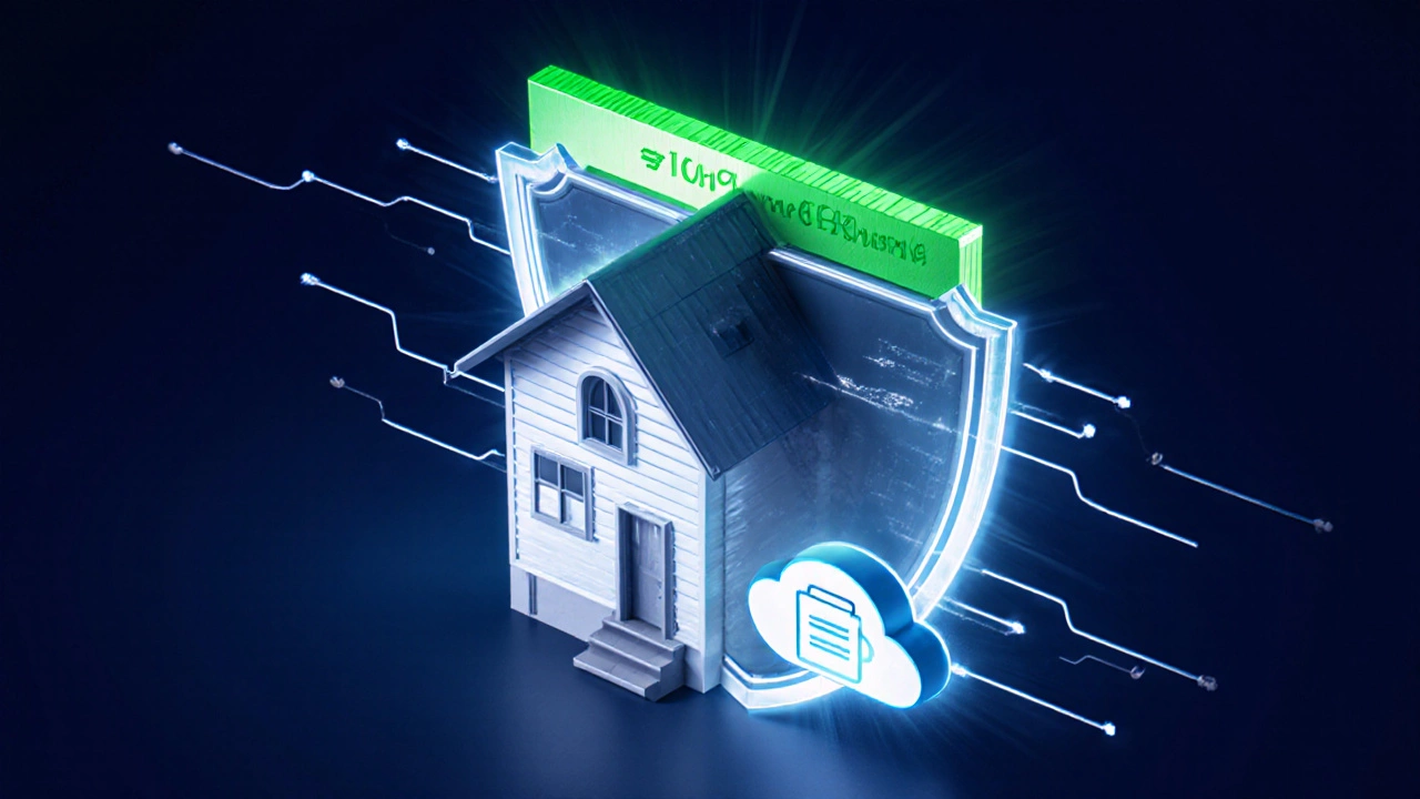 House shielded by a glow, showing equity bar, payment streams, and digital backup icons.