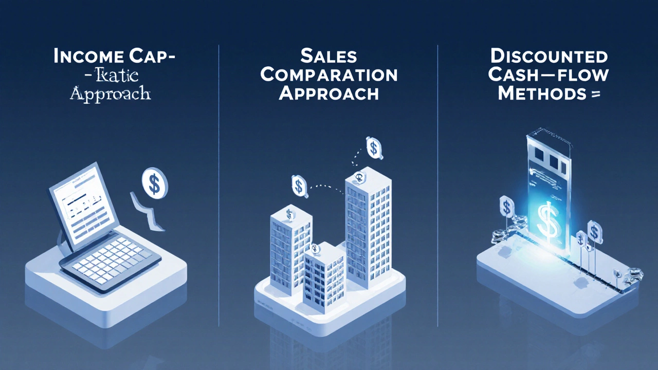 Illustrated split view of three commercial valuation methods using calculators, price tags, and cash‑flow timeline.
