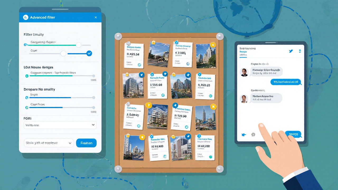 Illustration of applying filters, saving property cards, and messaging a broker on a desk.