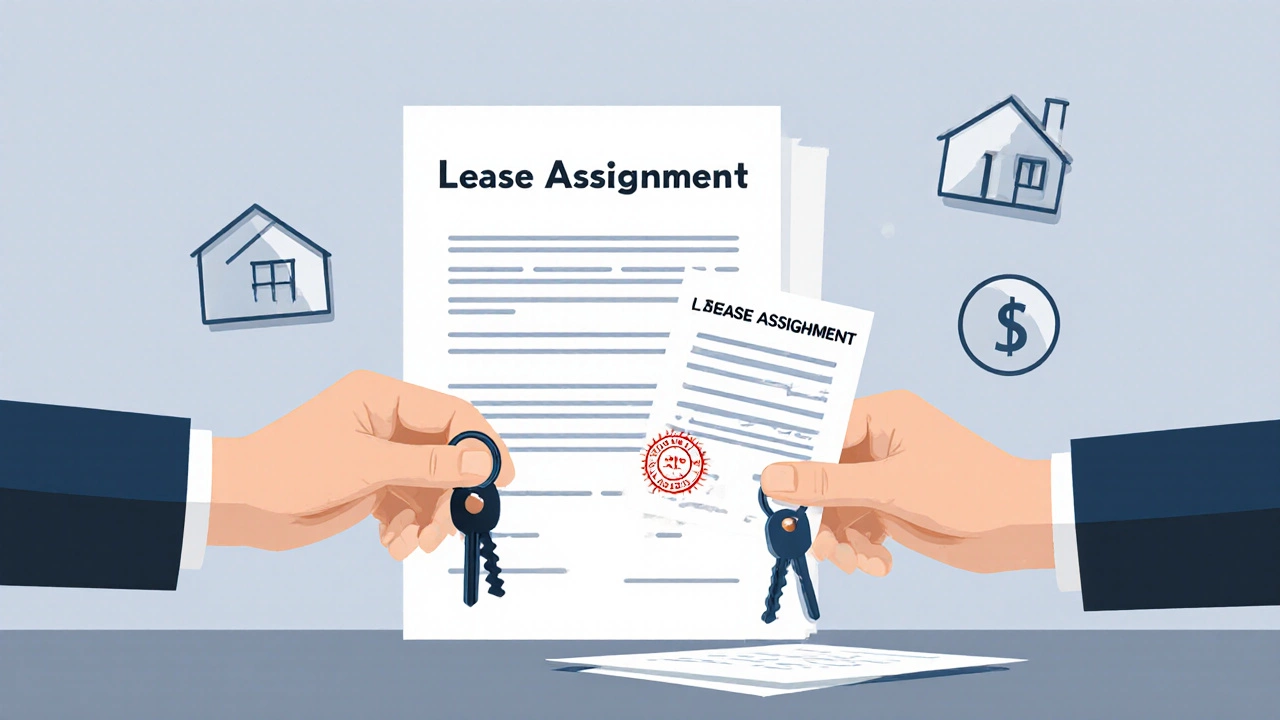 Illustration of landlord and buyer exchanging keys and a security‑deposit receipt over a lease.