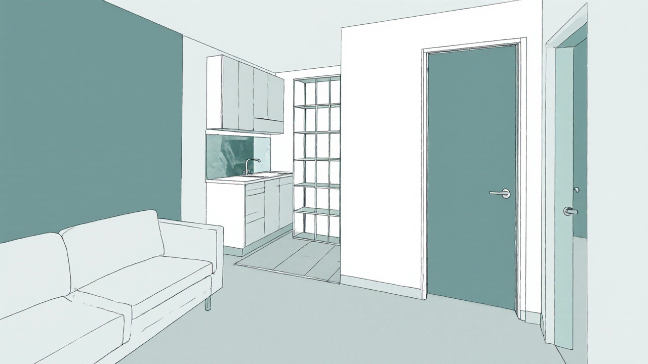 Illustration of space‑saving features: open‑plan layout, mirrored backsplash, tall shelving and sliding pocket door.