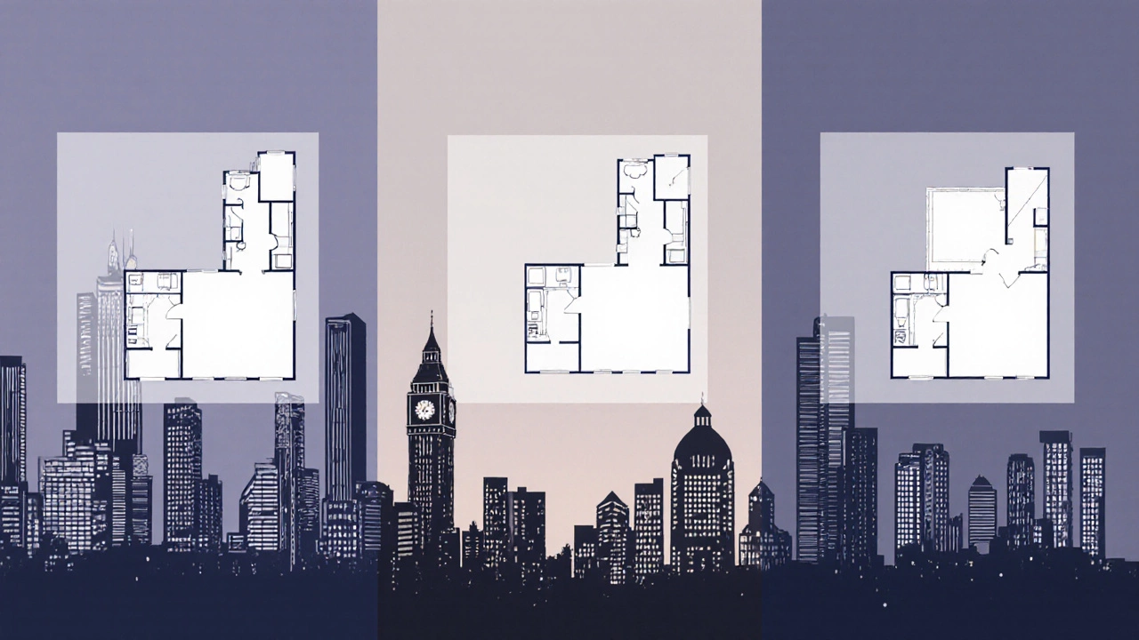 Illustration of three city skylines with transparent flat floor‑plan silhouettes showing size variations.