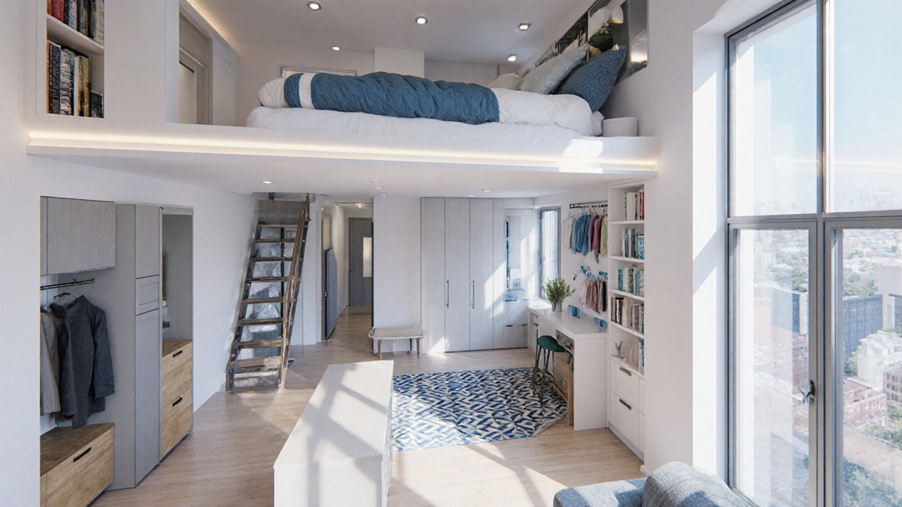 Isometric loft layout with lower living space, mezzanine bedroom, vertical storage, and large windows.
