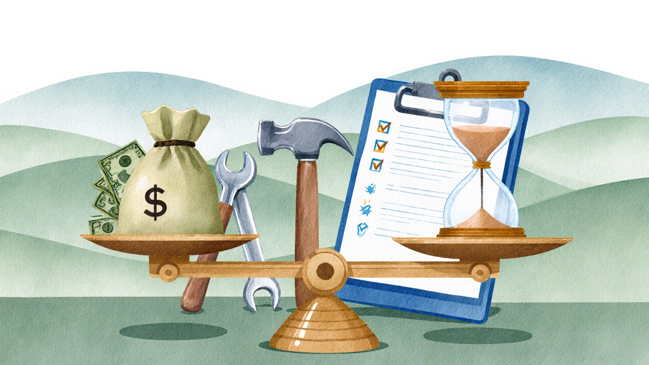 Landlord balancing cash and time with maintenance tools in a watercolor scene.