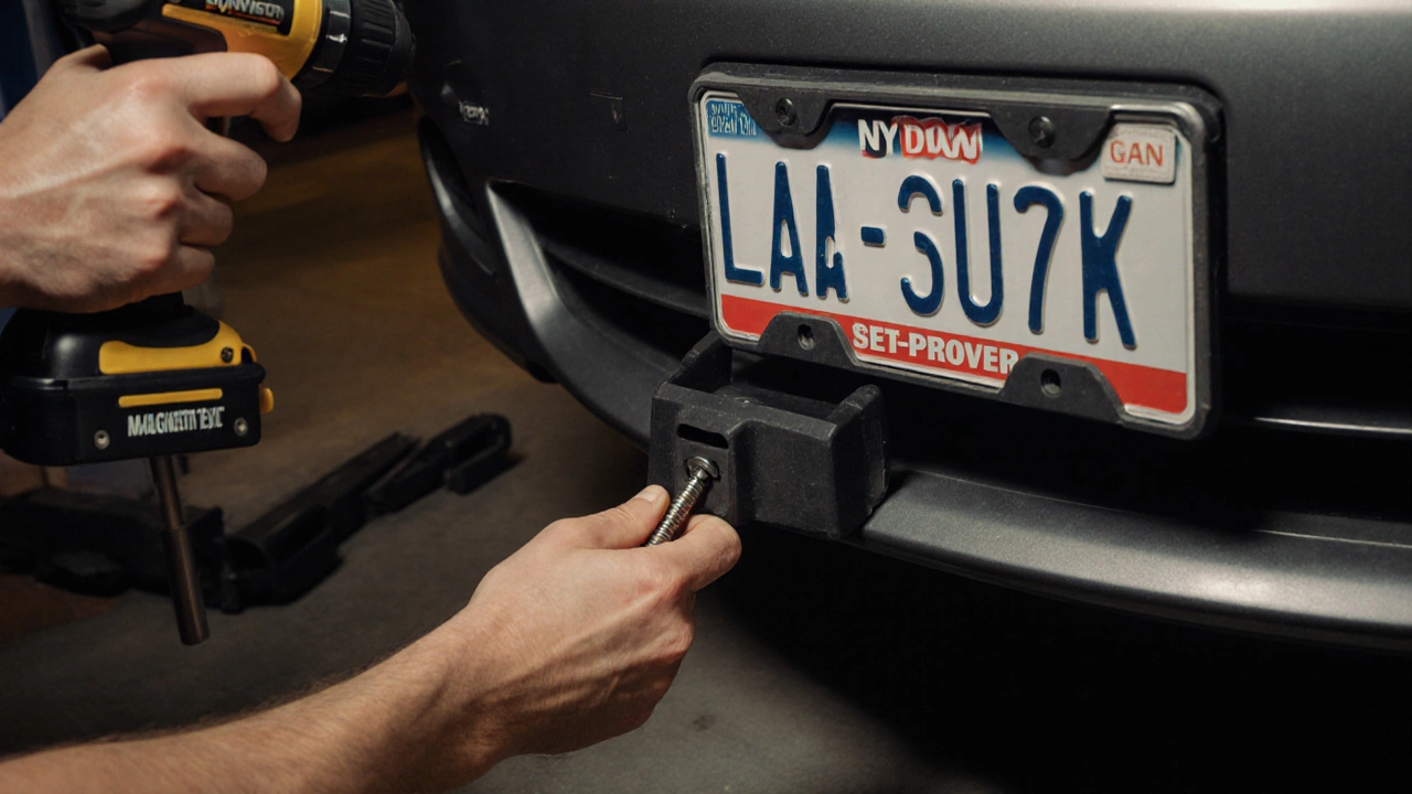 Mechanic's hands installing a front license plate bracket on a car bumper in a garage.