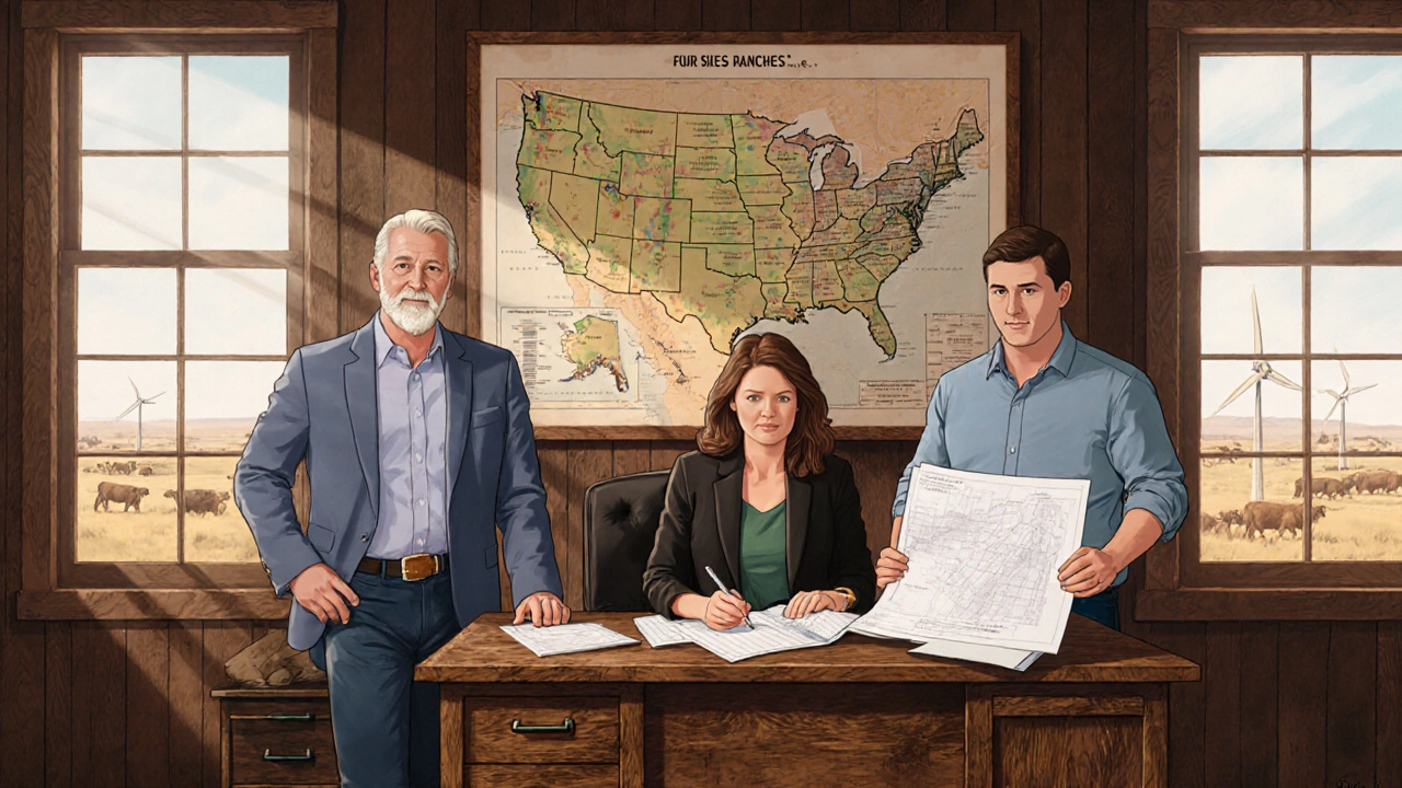 Miller family members in ranch office with map and documents.