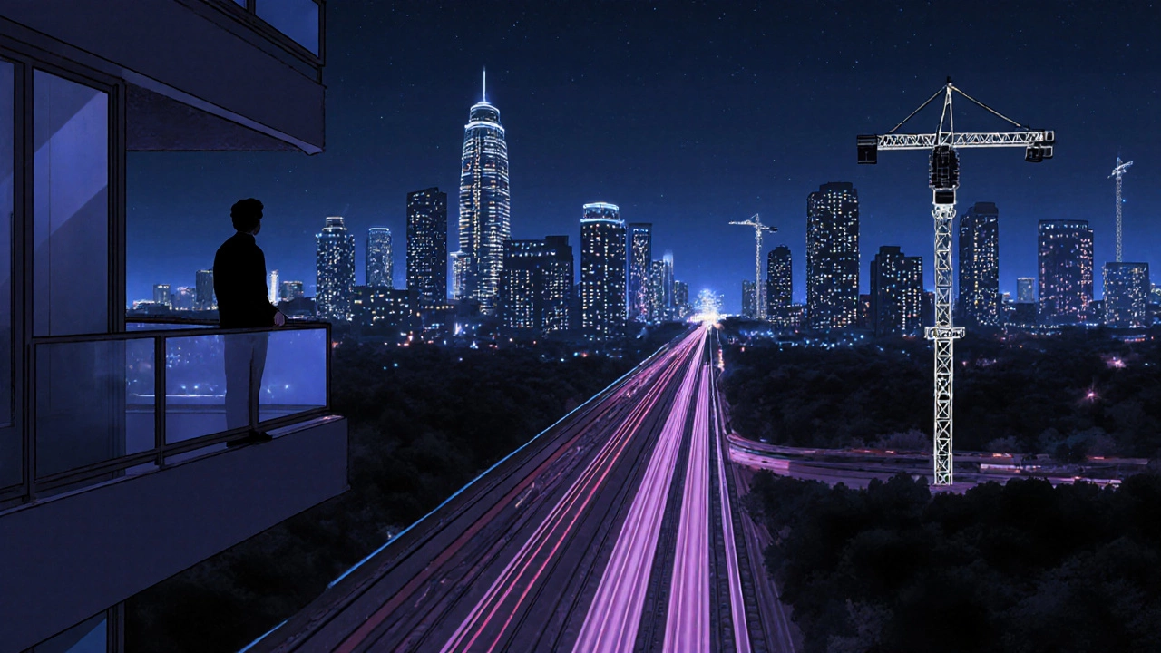 Nighttime Austin skyline with cranes and light‑rail, hinting at rising rent and new development.
