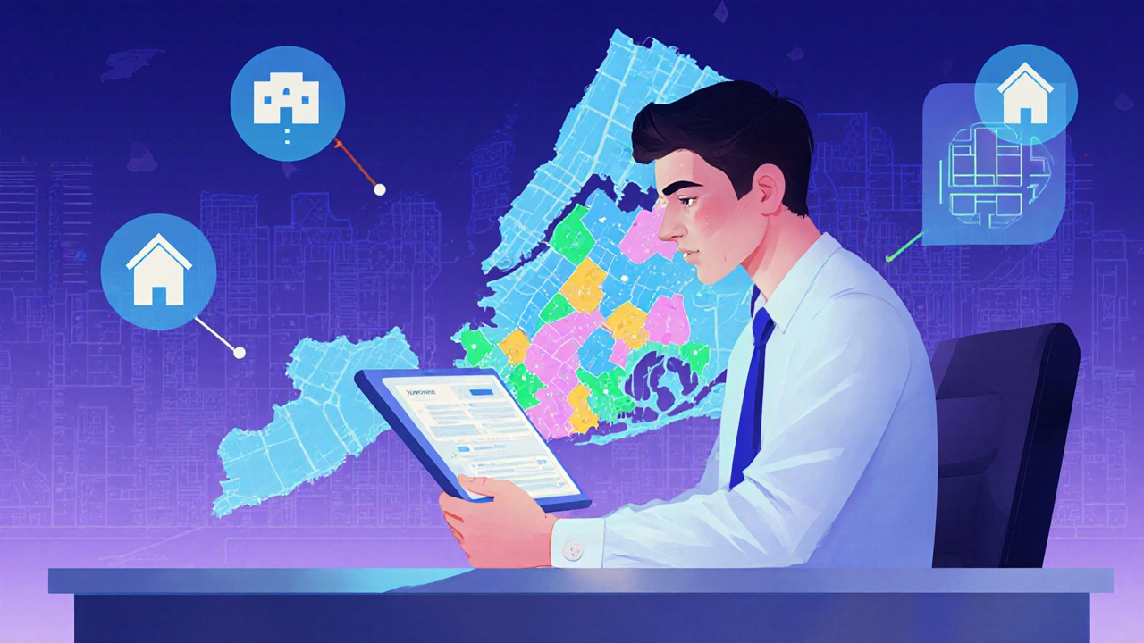 Person using a tablet to examine a digital map of NYC parcels with city silhouette in background.