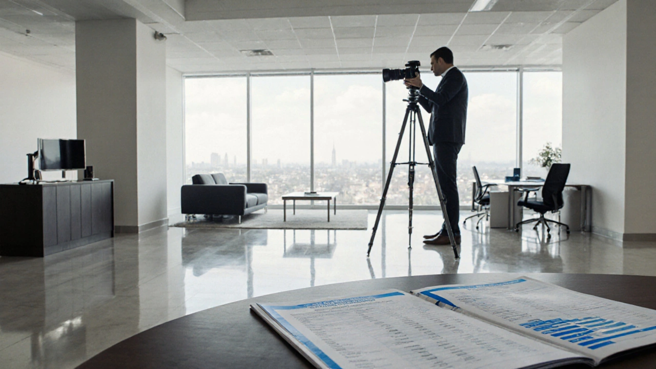Photographer captures a bright commercial office interior with data pack on table.