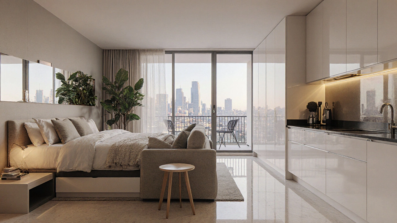 Priya’s styled 600 sq ft apartment showing wall‑mounted desk, sectional sofa, plant shelf and city view.
