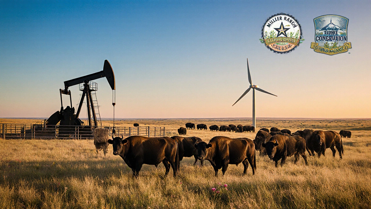 Ranch scene with cattle, horses, bison, oil pumpjack, wind turbine, and prairie.