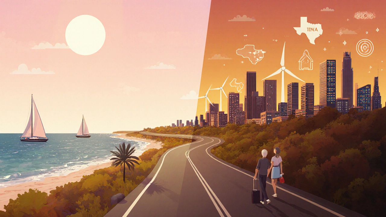 Road dividing toward a Florida beachfront and a Texas city skyline with a traveler.