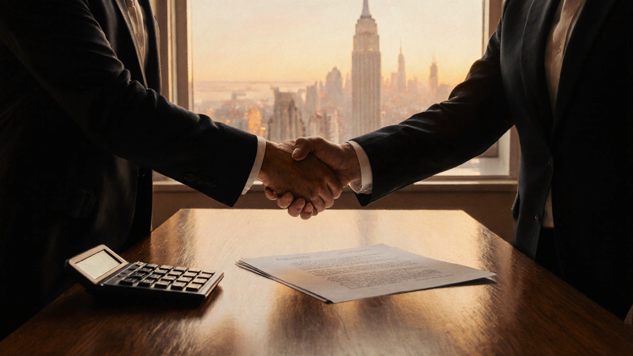 Seller and conveyancer shake hands over contract in a city‑view conference room.