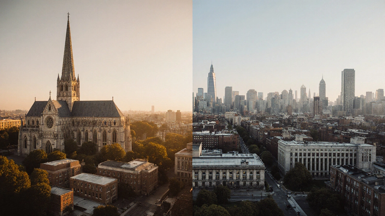 Side‑by‑side view of Archdiocese churches and schools contrasted with Columbia University campus.