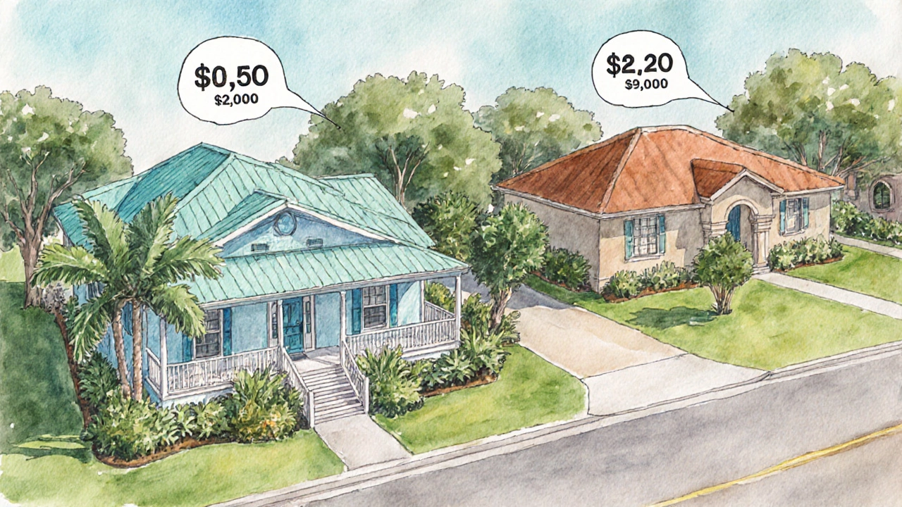 Side‑by‑side watercolor of a larger Tampa house and a smaller Dallas house with price bubbles.