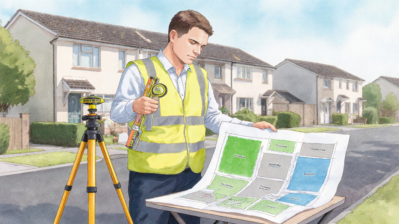 Surveyor measuring townhouse boundary with a colorâcoded map spread on a table.