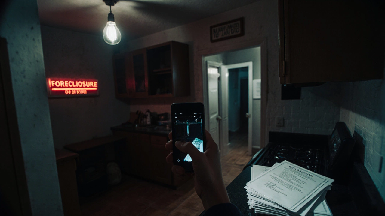 Tenant photographs a kitchen area as a foreclosed bank sign and 90‑day notice appear in the background.