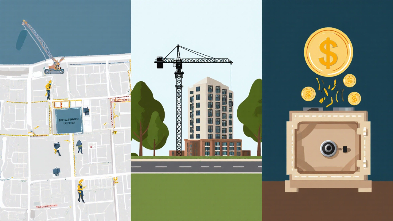 Three-panel illustration showing on‑site affordable units, off‑site construction, and a housing trust fund receiving money.