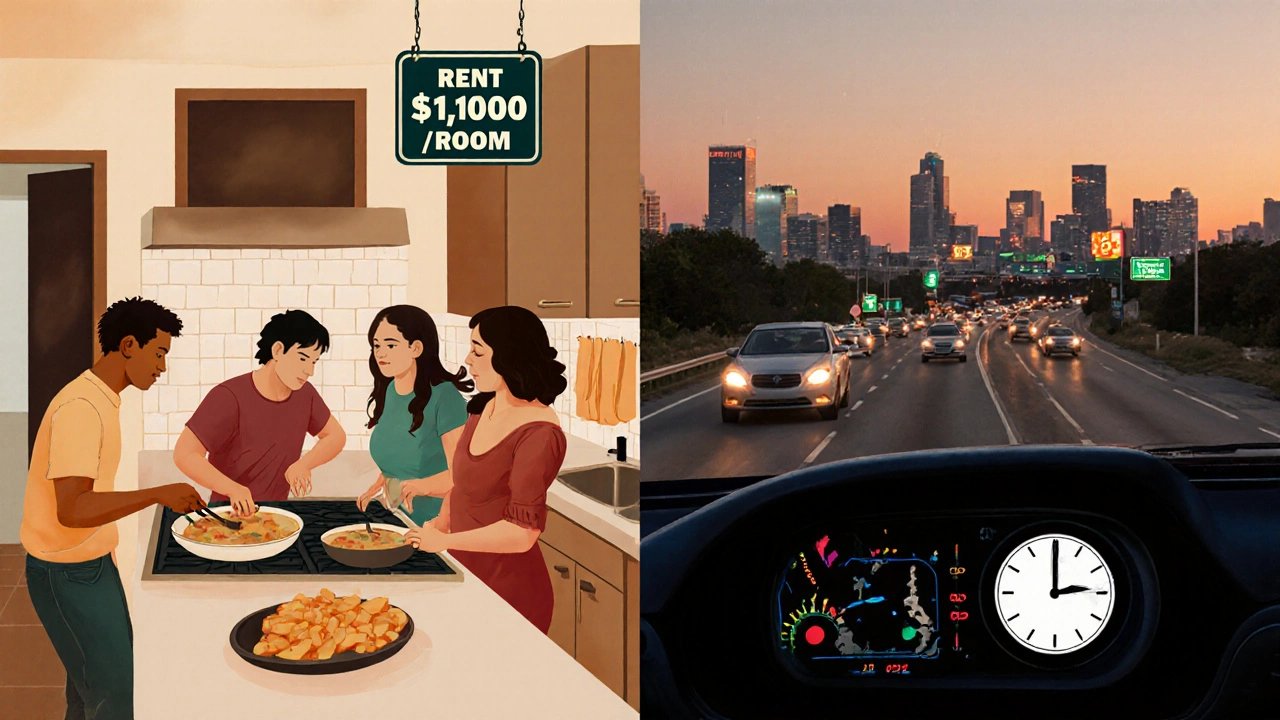 Three roommates cooking in a shared East Austin house, compared to a commuter stuck in traffic.