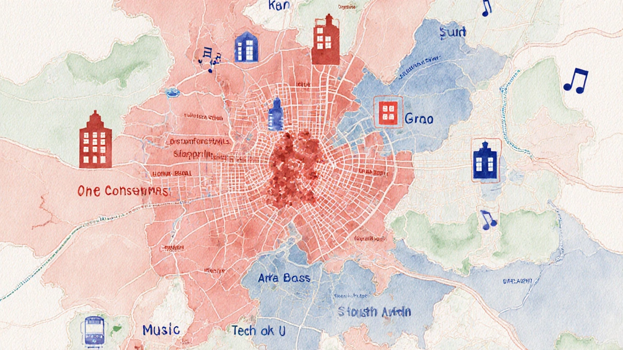 Watercolor map of Austin neighborhoods colored by rent levels, showing studios and apartments.