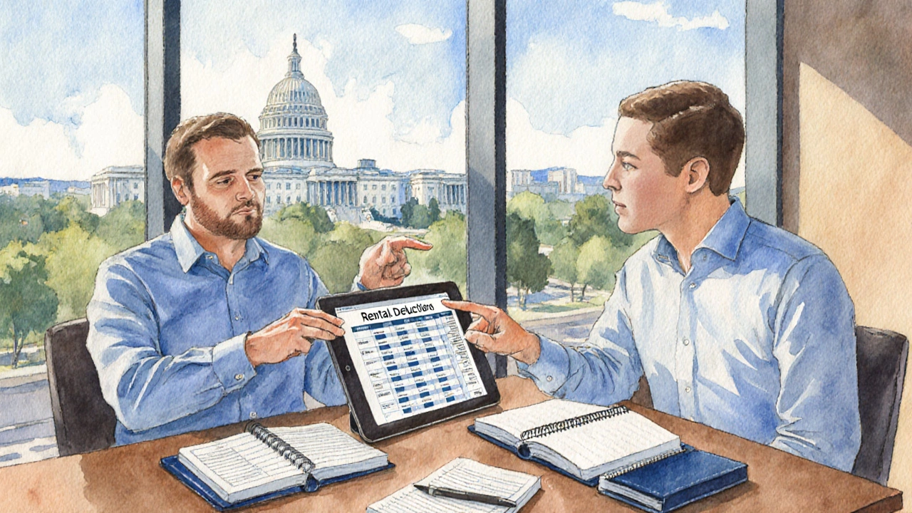 Watercolor of landlord and CPA discussing rental taxes over a tablet.