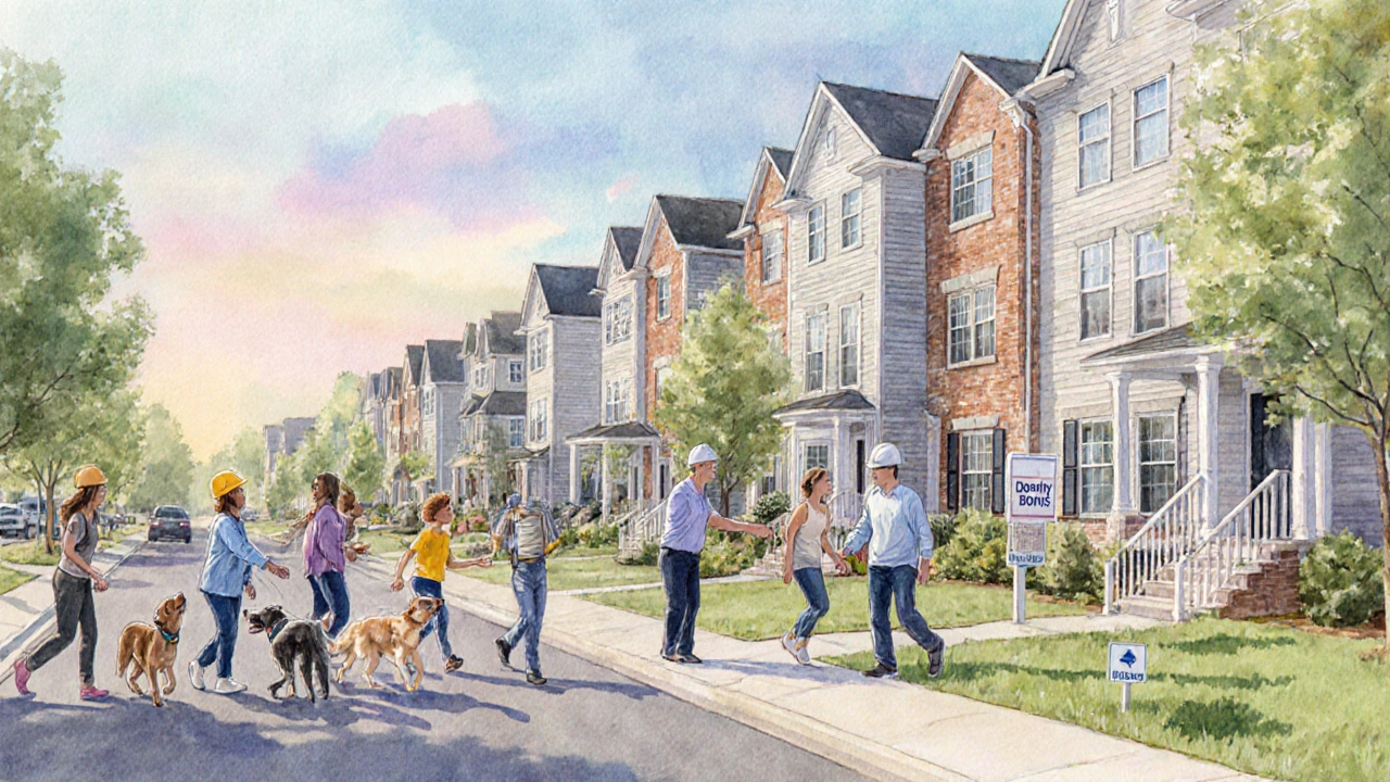 Watercolor painting of a mixed‑income Fairfax County street with families, townhouses, and a developer meeting a planner.