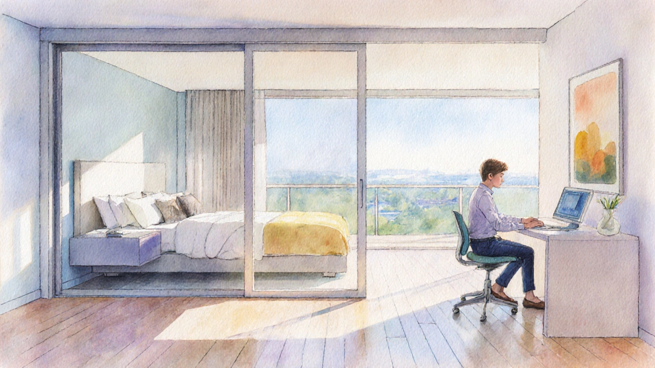 Watercolor scene of a flexible 2‑bed flat with a sliding wall creating a larger living space for work.