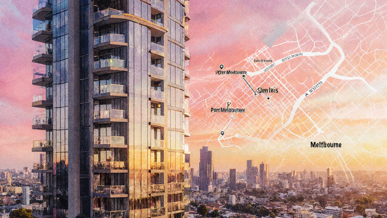 Watercolor view of a Melbourne high‑rise with map dots marking 3SLDK investment suburbs.