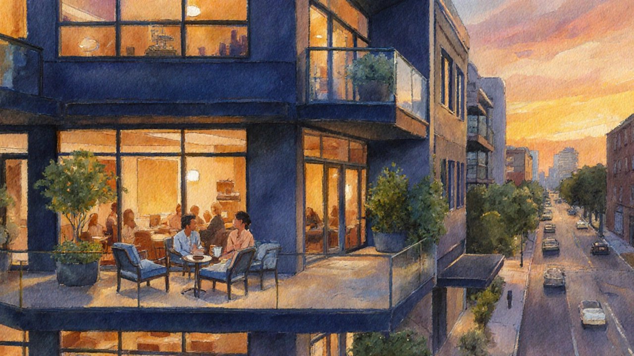 Watercolor view of a modern Austin apartment balcony with guests enjoying coffee at sunset.