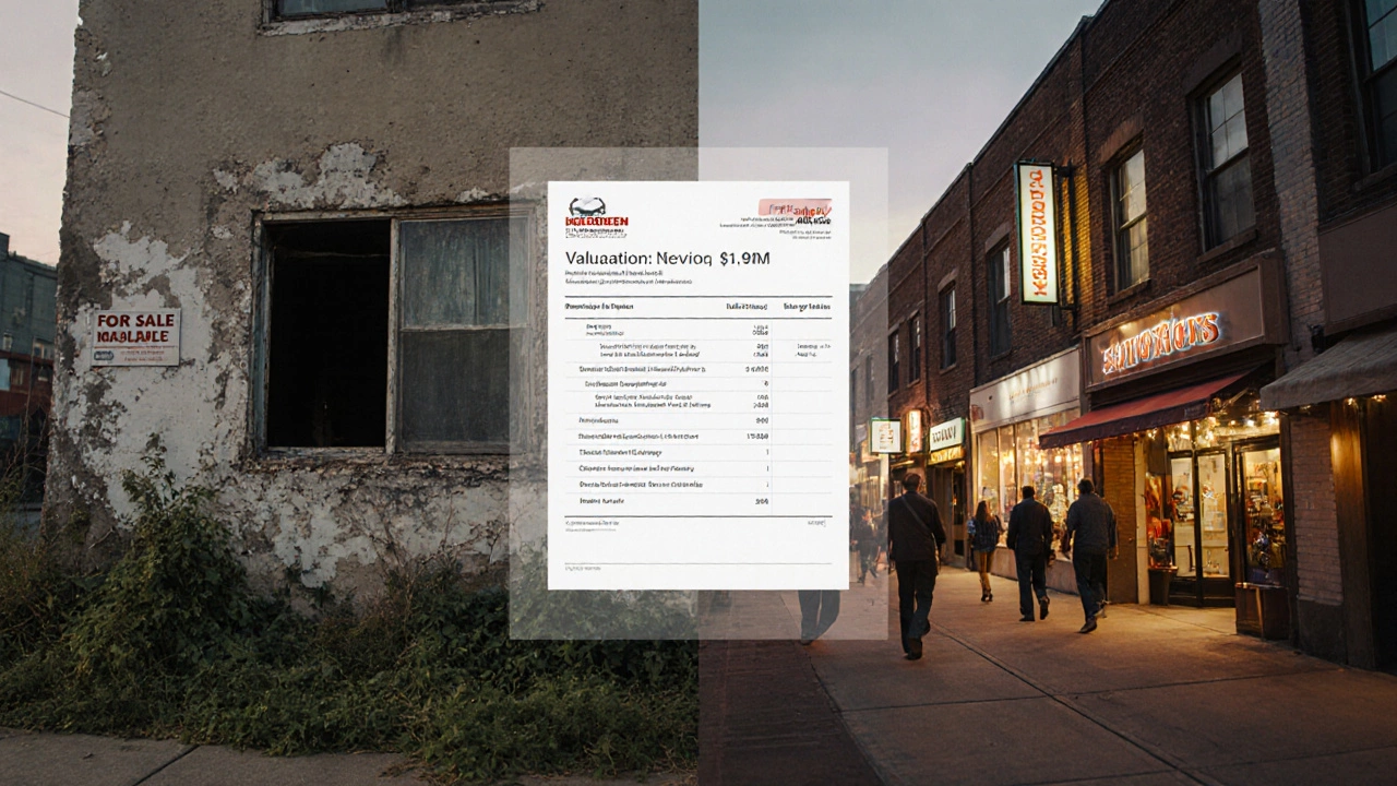 A before-and-after view of a commercial property showing renovation and increased value.