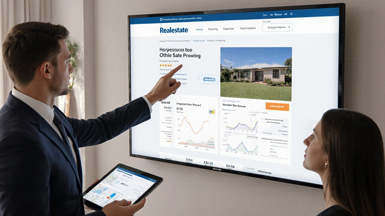 A buyer and agent reviewing a detailed property page with price history and inspection reports on a touchscreen.