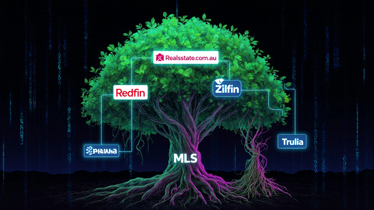 A digital tree with healthy branches for accurate real estate sites and withered vines for outdated aggregators.