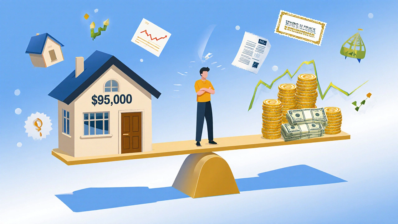 A scale balancing a house against investments, travel, and savings, representing financial choice.