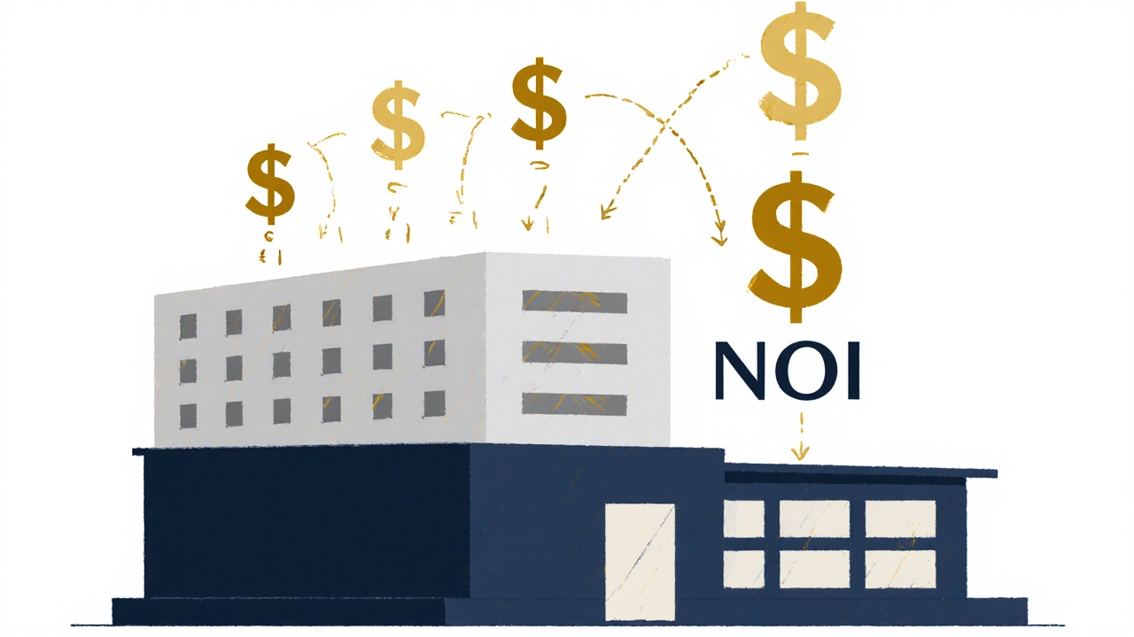 A technical diagram showing income, expenses, NOI, and cap rate calculations for commercial property valuation.