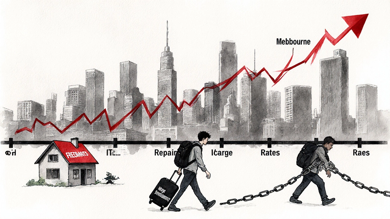 A timeline showing rising home prices vs stagnant wages, with a person walking away from debt.