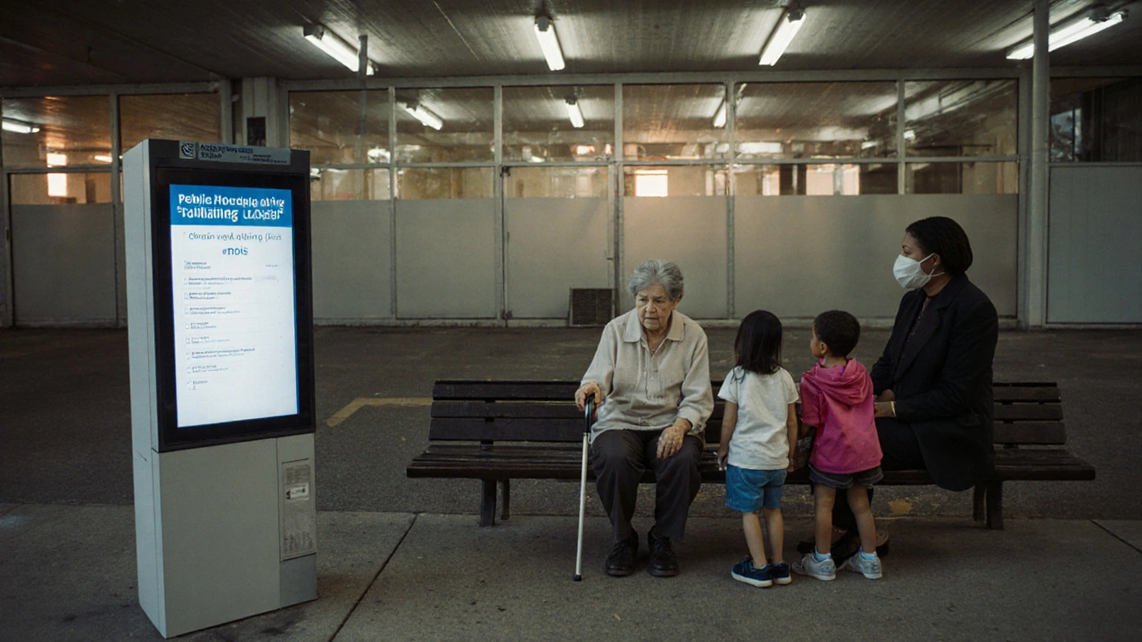 An elderly woman and young mother waiting on a bench outside a housing office with a closed list on screen.