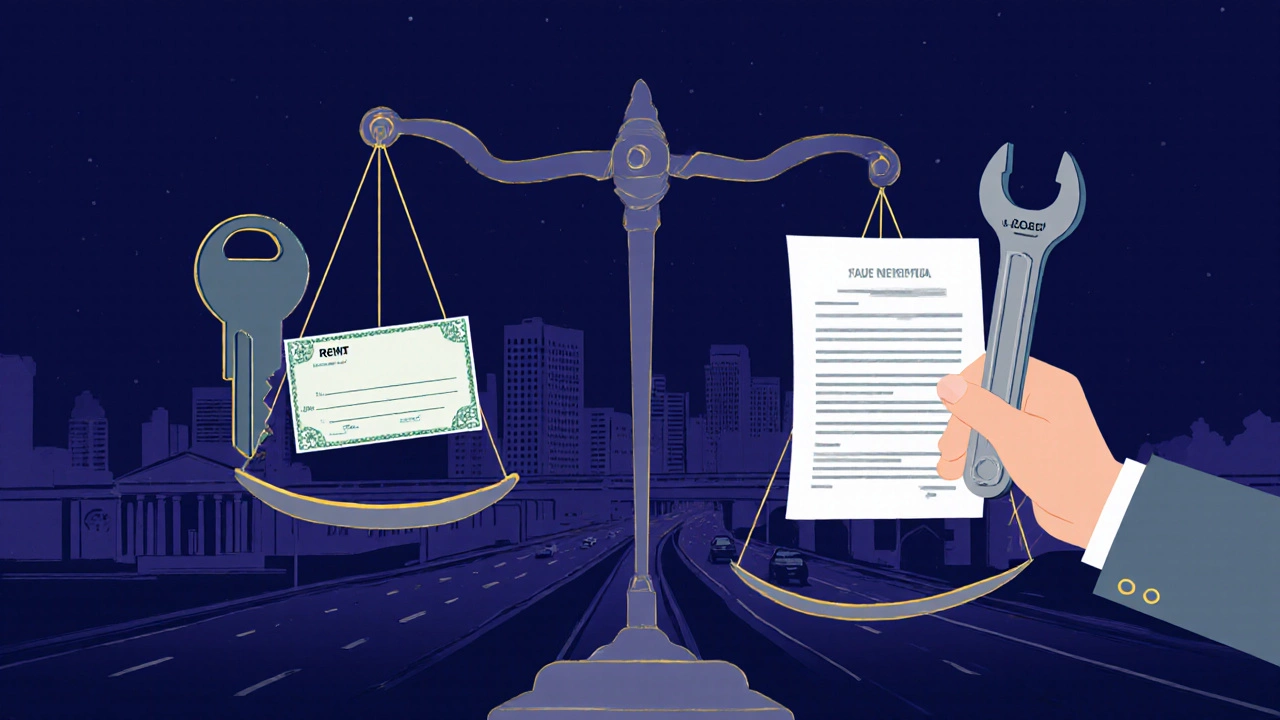 Balanced scale symbolizing landlord duties: rent, law, and maintenance.