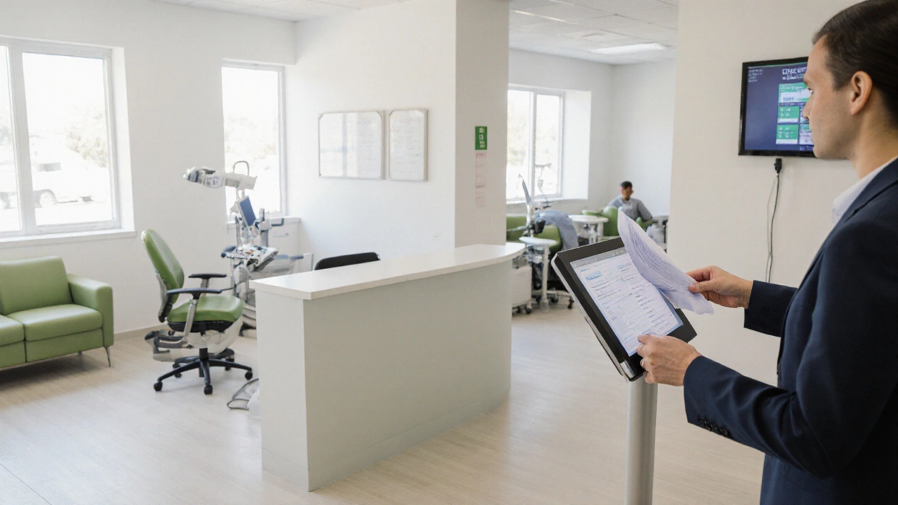 Clean medical office suite with natural light and a doctor assisting a patient.