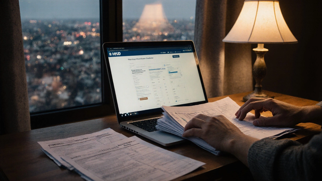 Hands submitting housing application documents under a warm lamp, HUD calculator visible on laptop.