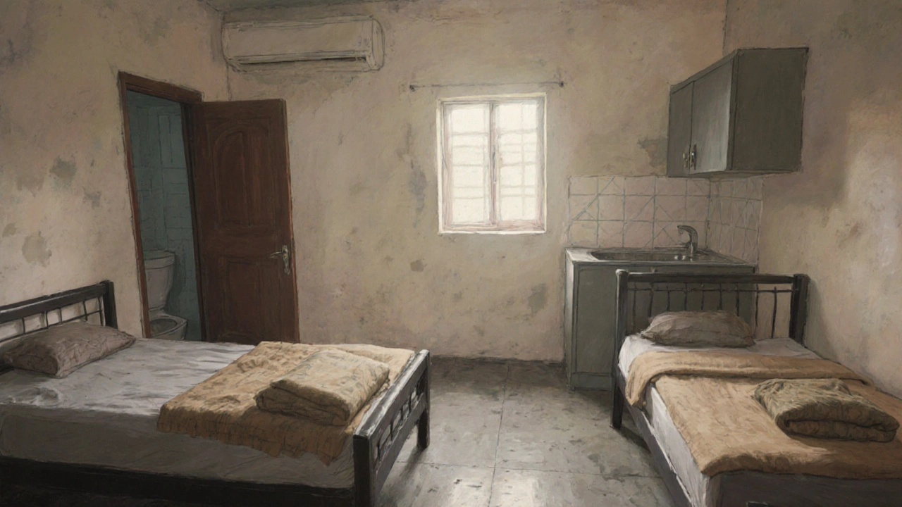 Interior of a basic 2BHK class D home with cement floors, plain walls, and minimal furnishings.